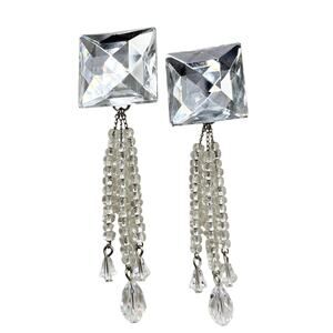 Vintage Square Crystal Rhinestones 4” Dangling Clip On Statement Earrings